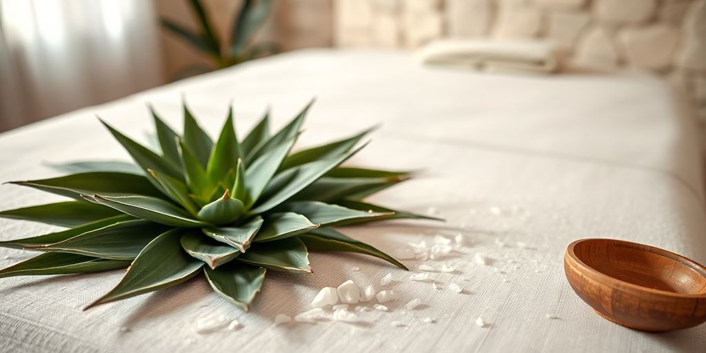 Agave leaves and sea salt on a spa massage table.