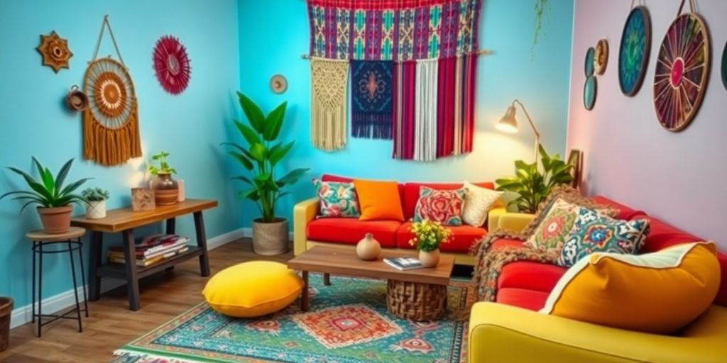 Sala decorada com cores e padrões boho chic.