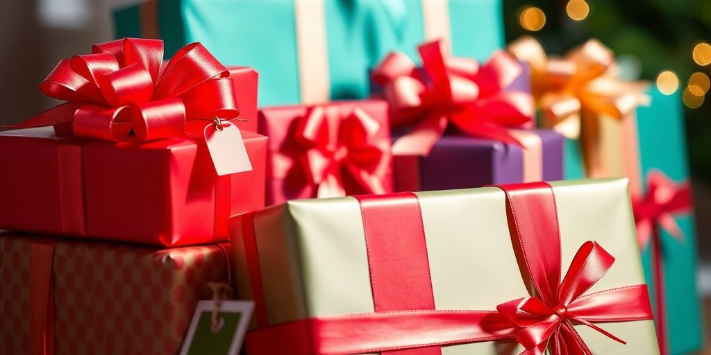 Colorful wrapped gifts with bows and tags.