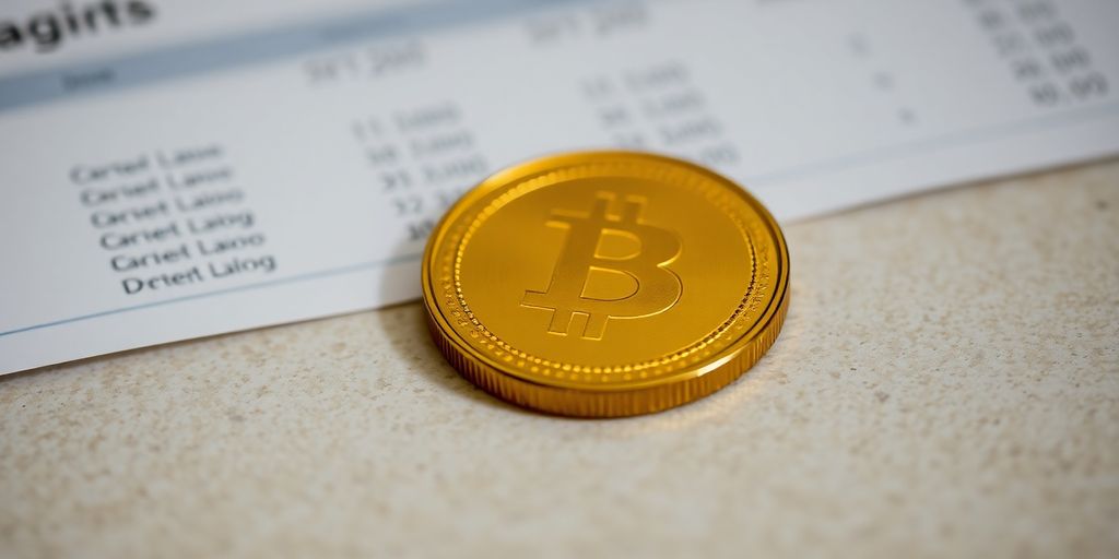 Pièce d'or sur un document financier flou en arrière-plan.