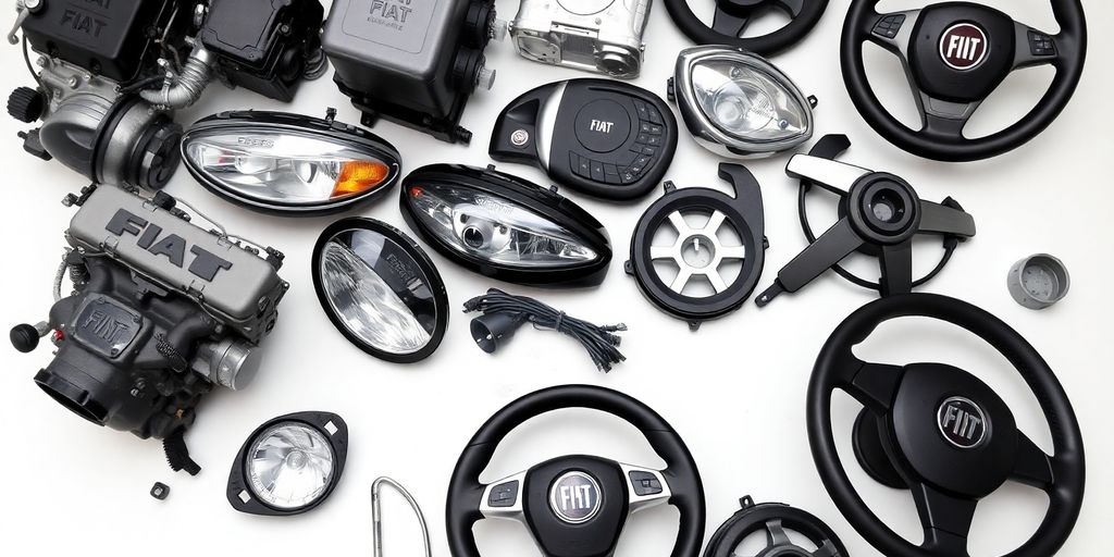 Fiat 500 car parts arranged neatly.