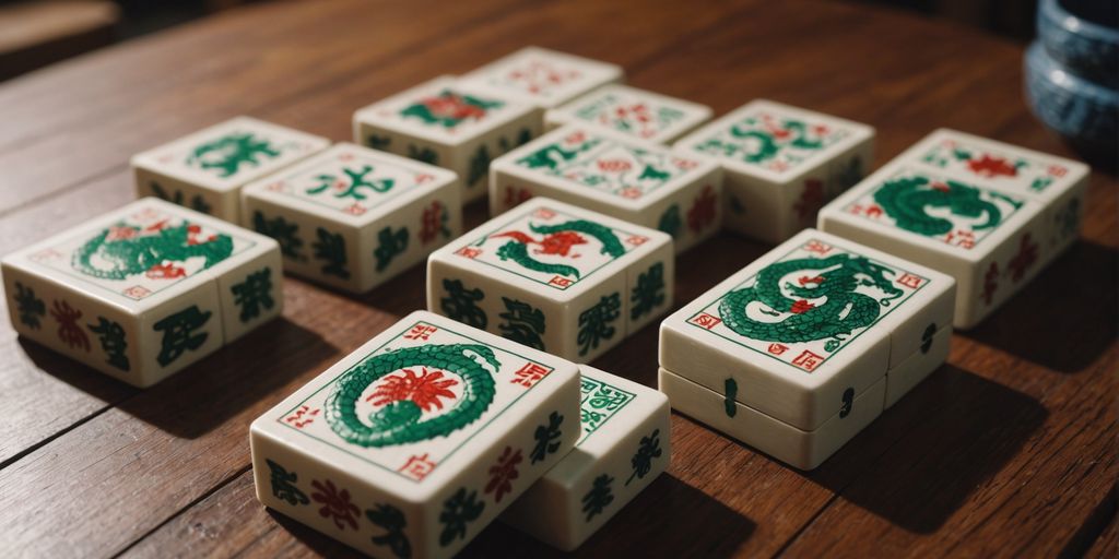 Mahjong dragon tiles arranged neatly on a wooden surface.