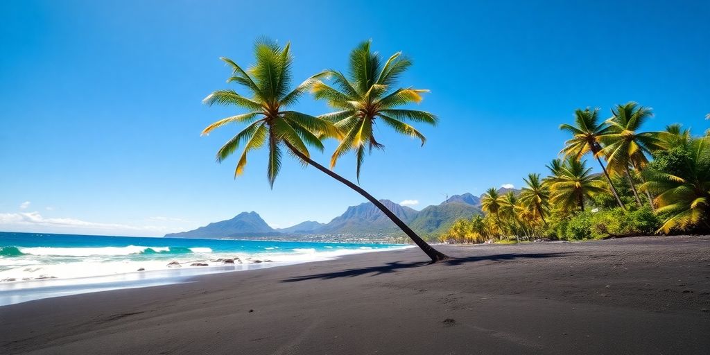 Playa volcánica, palmeras, océano azul.