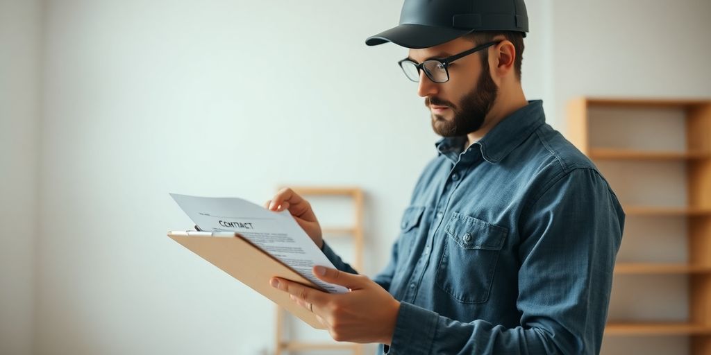 Painter checking credentials with contract