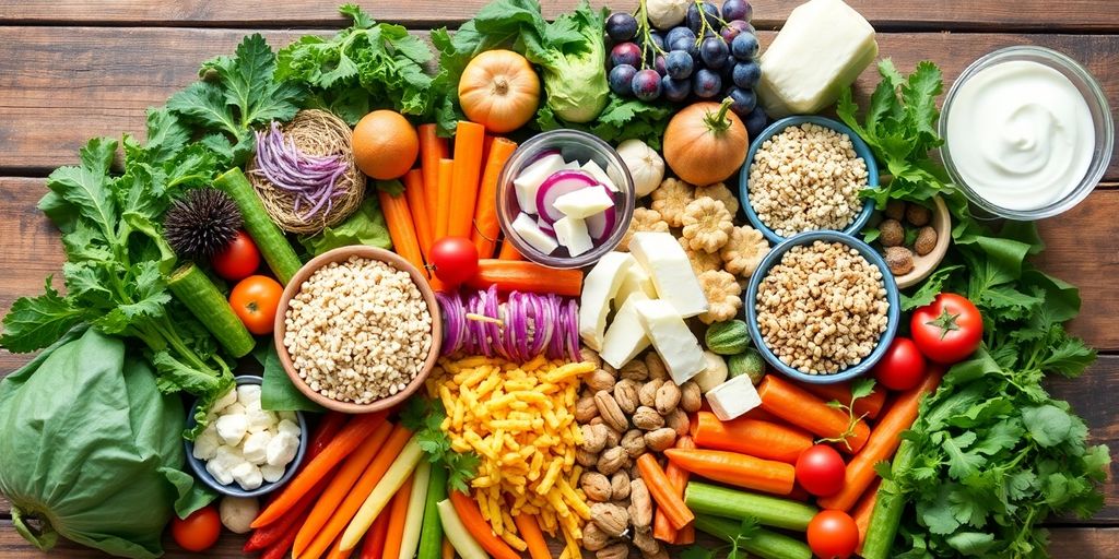Colorful assortment of fresh plant-based foods on table.