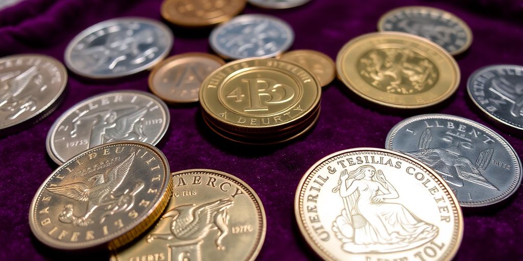 Collectible coins displayed on a velvet cloth.