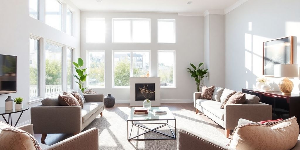 Renovated living room with modern decor and natural light.