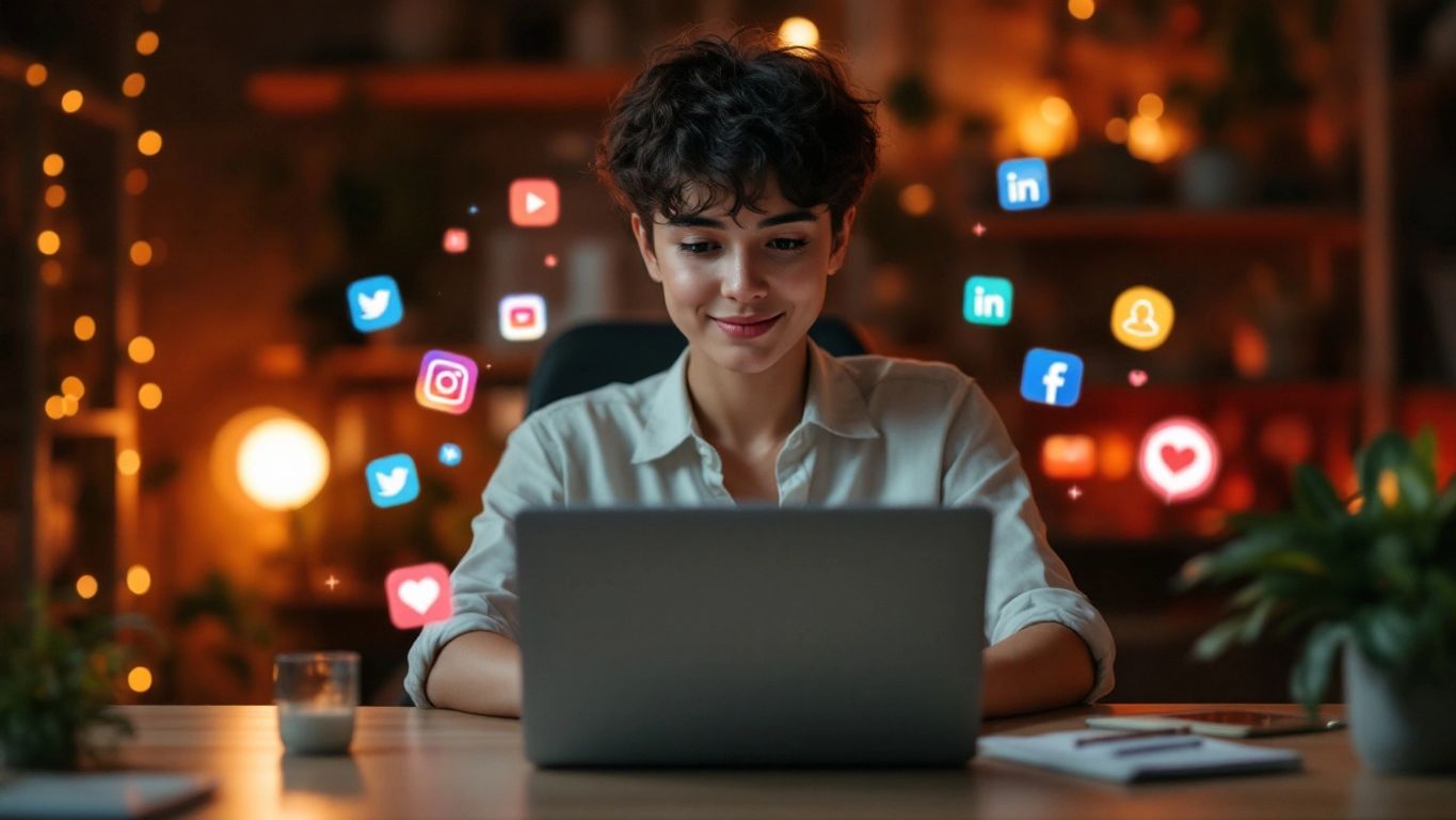 Person at desk with laptop and social media icons.