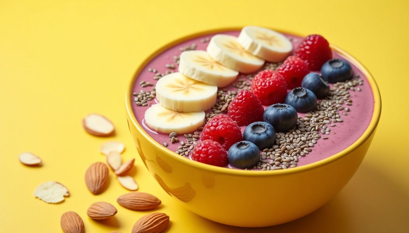 Colorful protein-packed smoothie bowl with fresh fruits and toppings.