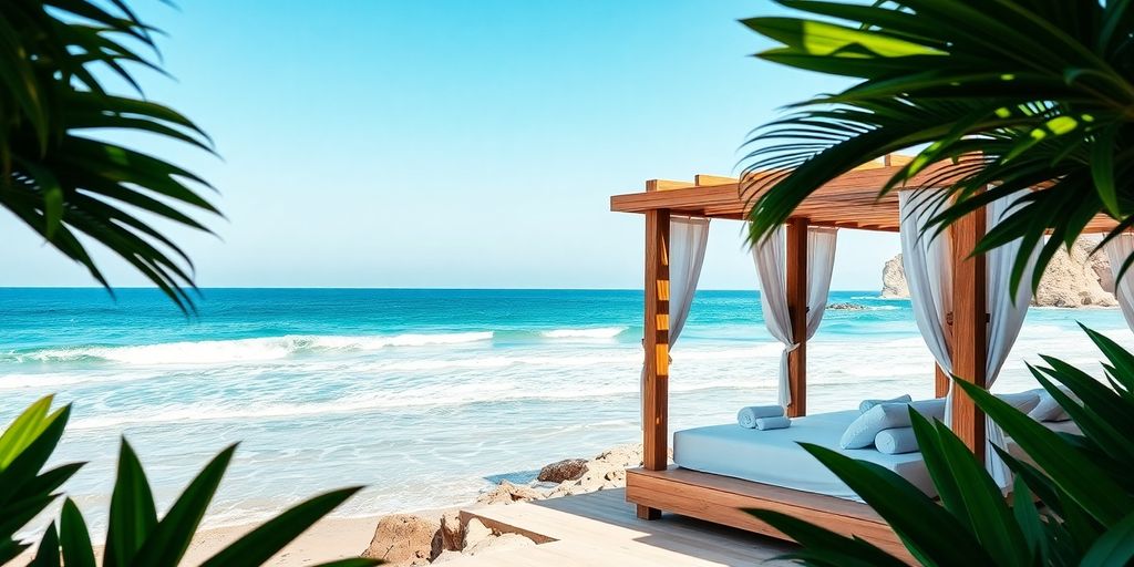 Serene Cabo beach, ocean, and spa with natural elements.