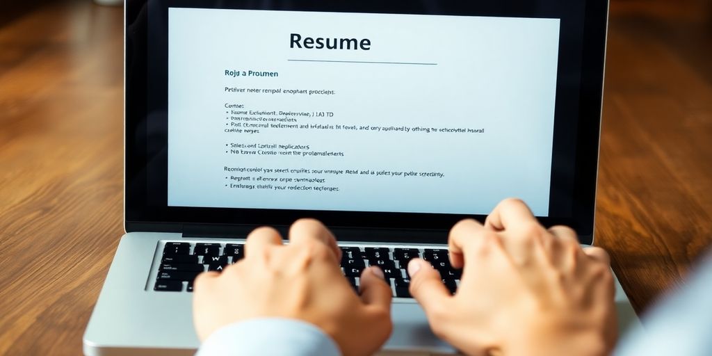 Laptop with resume on screen, person typing.