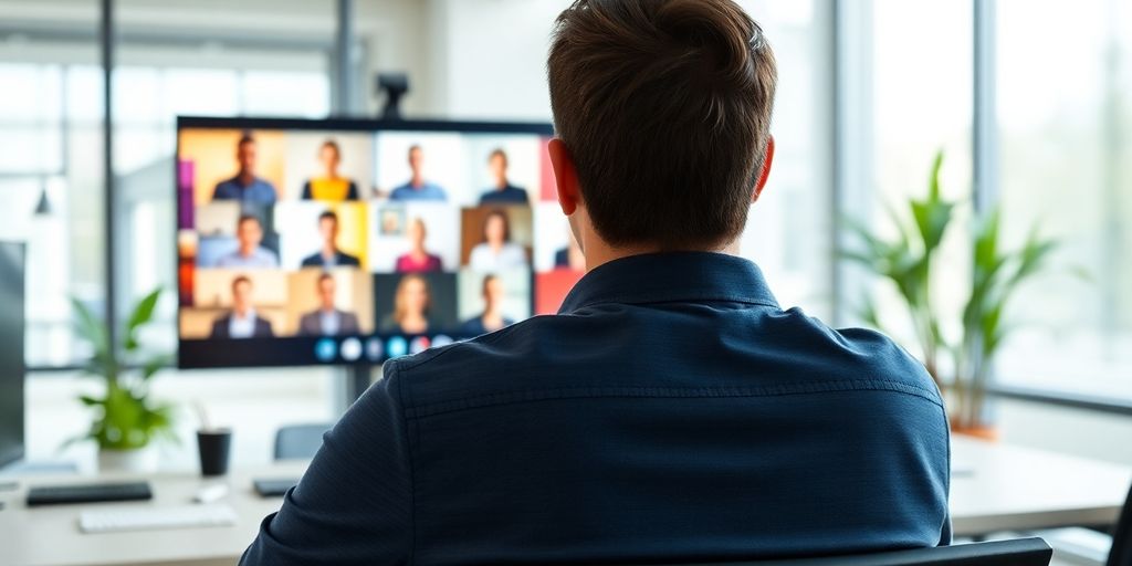 Person sitting in front of a computer screen displaying multiple participants in a video conference, illustrating the challenges of virtual meetings and meeting fatigue.