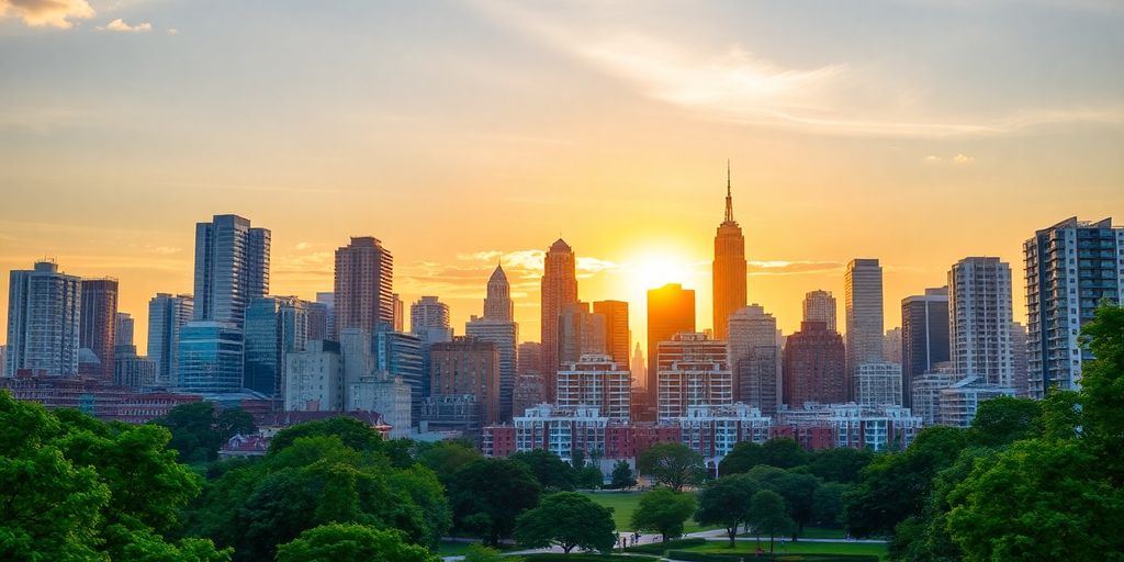 City skyline with diverse buildings and green spaces.