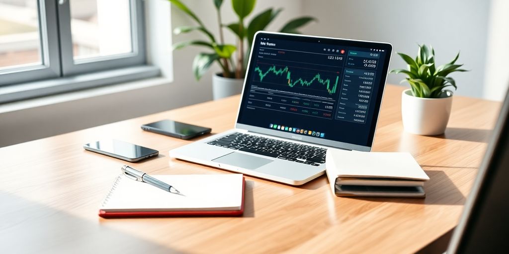 Modern workspace with a laptop and financial data.