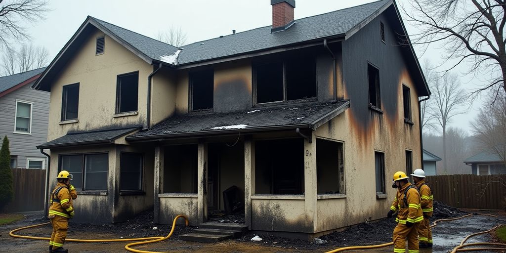 House with fire damage and firefighters assessing the scene.