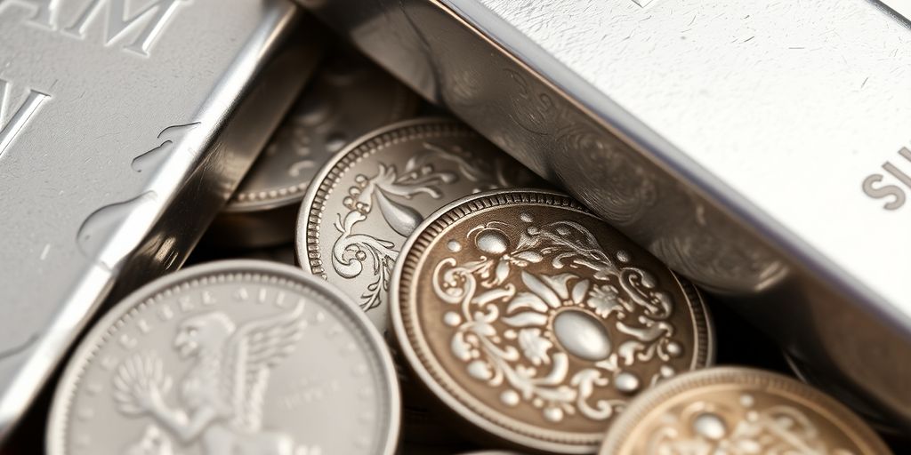 Lingots d'argent brillant et pièces de collection anciennes.