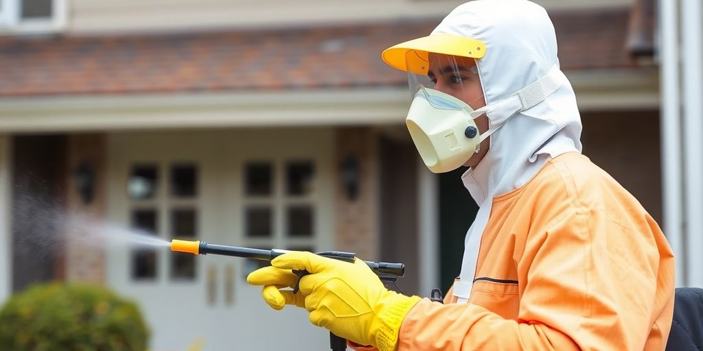 Tehnician de dezinsecție lucrând într-o zonă rezidențială.