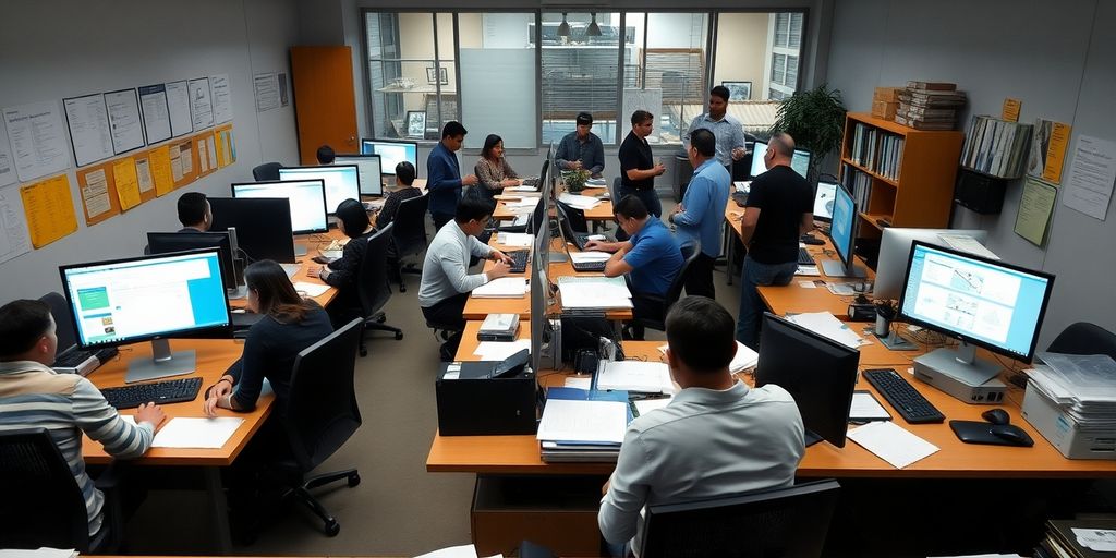 Ambiente de escritório municipal com profissionais trabalhando juntos.