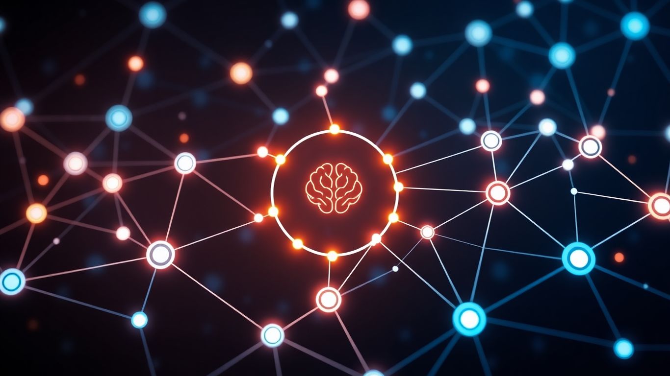 Interconnected digital network with AI brain icon.