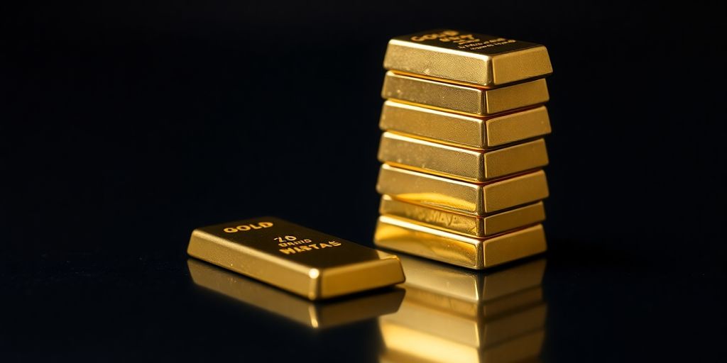 Mini lingots d'or empilés sur une surface sombre.