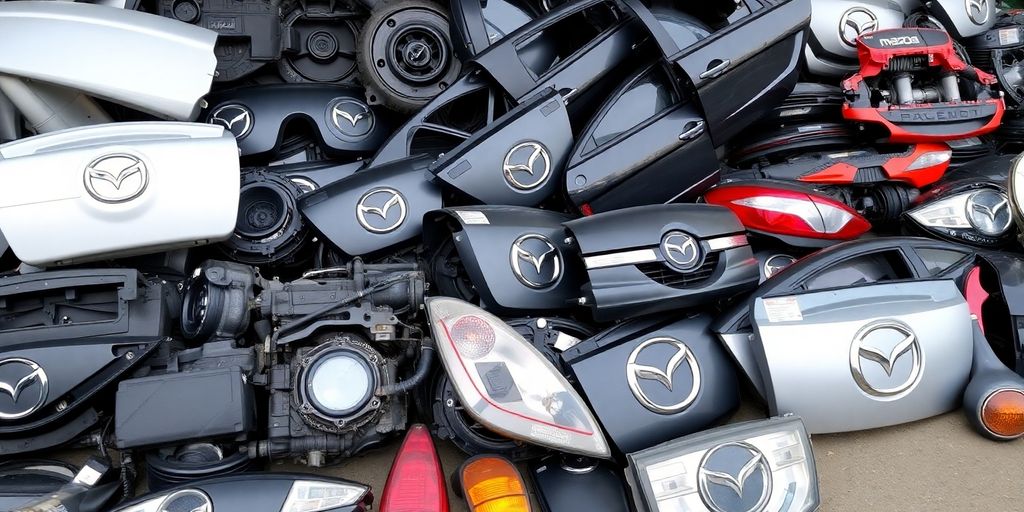 Mazda car parts stacked neatly.