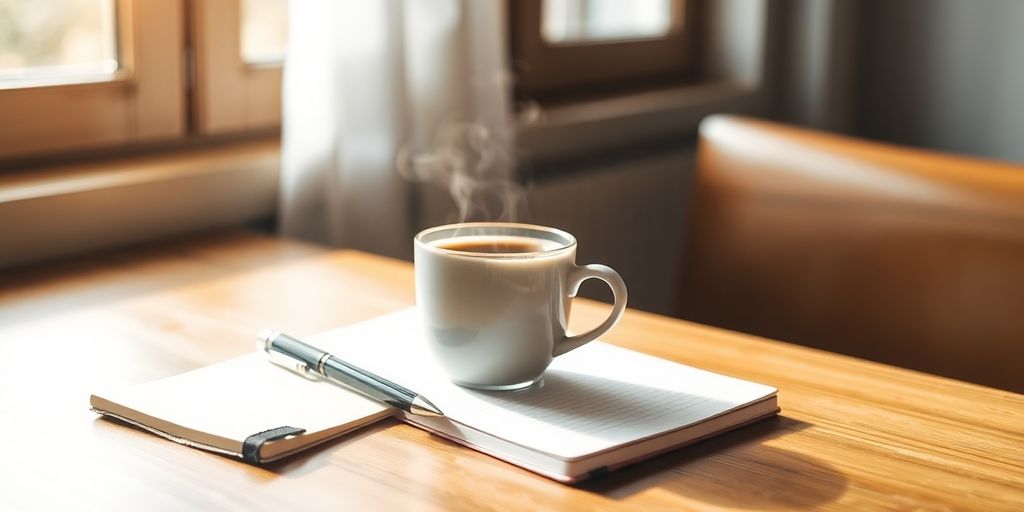 A steaming cup of coffee on a wooden table.