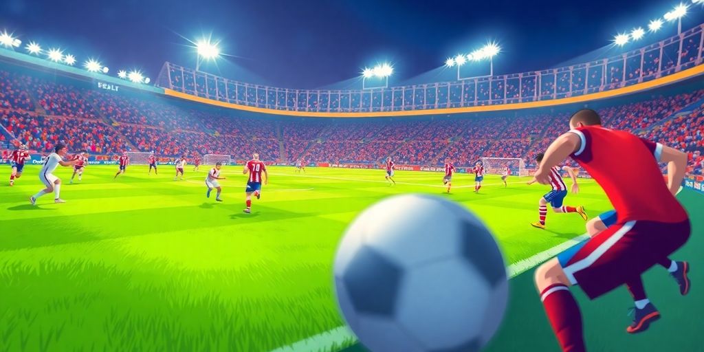 Football stadium with players, bright lights