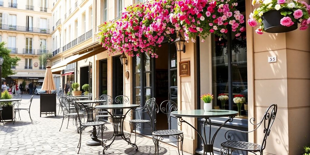 Cozy Parisian cafe with outdoor seating and blooming flowers.