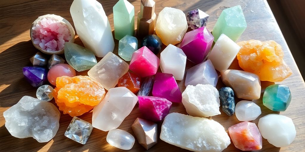 Collezione di cristalli su una superficie di legno.