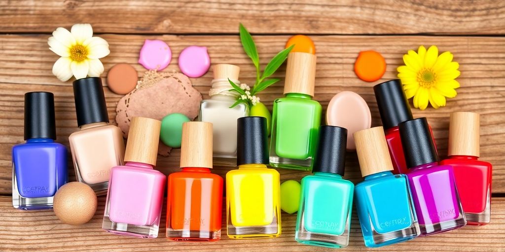 Várias cores de esmaltes naturais dispostos em uma mesa.