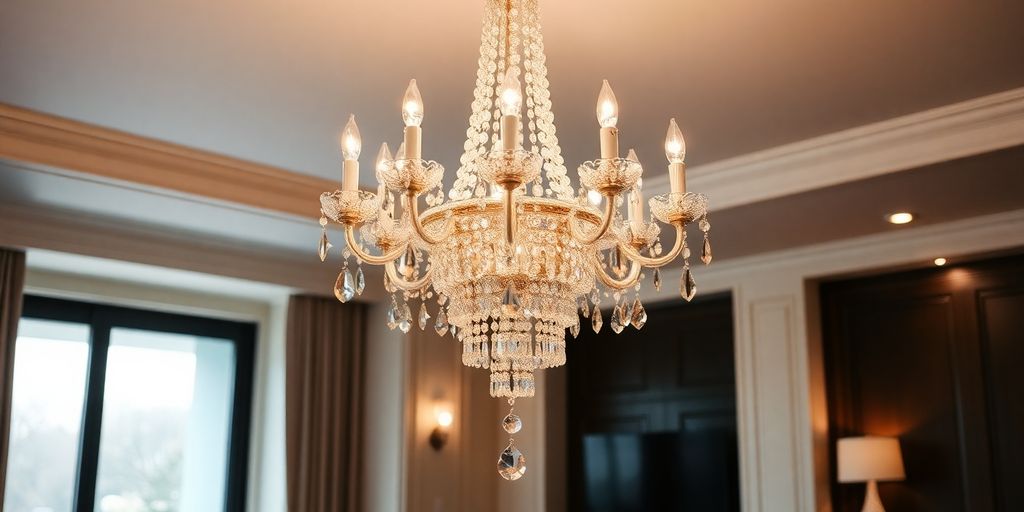 Luxurious hanging crystal chandelier illuminating a modern living room.