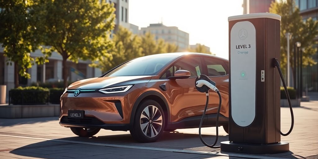 Electric car charging at a modern Level 3 station.
