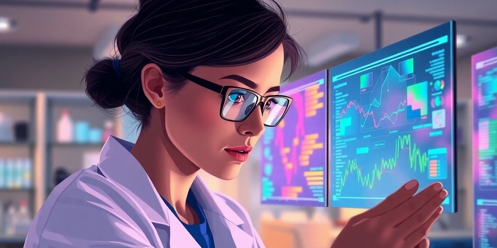 Scientist analyzing colorful data projections.