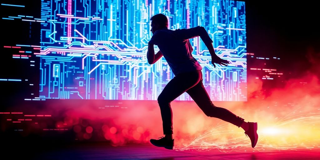 Person running away from a computer screen.