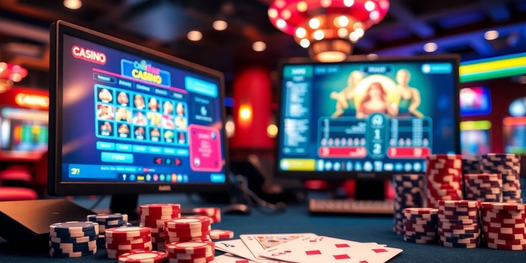 Online casino setup with gaming devices and poker chips.