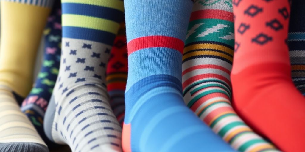 Various colorful crew diabetic socks for men displayed together.