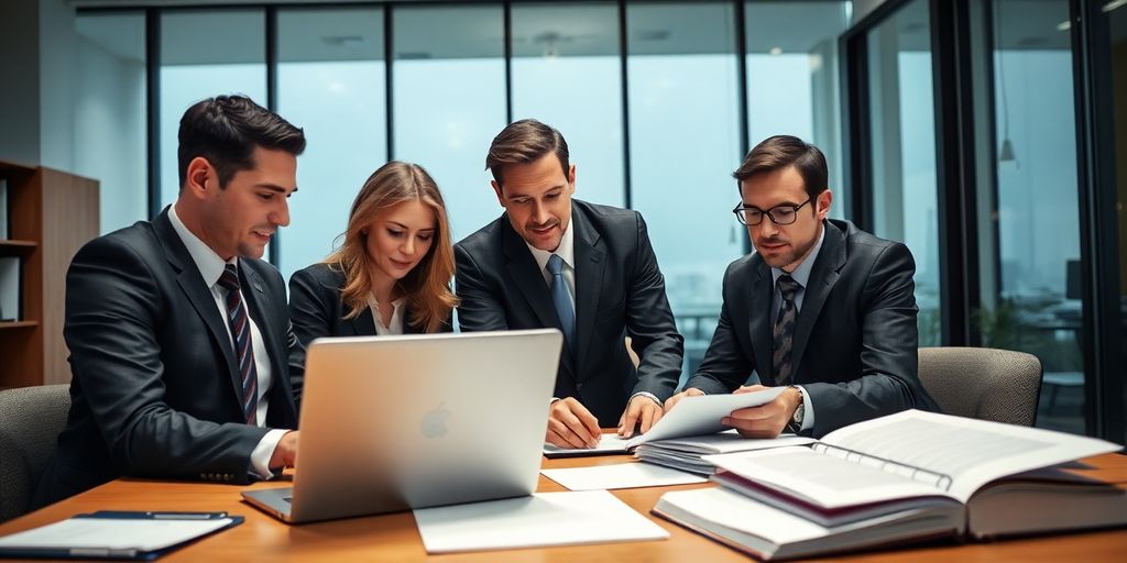 Lawyers collaborating in a modern office environment.