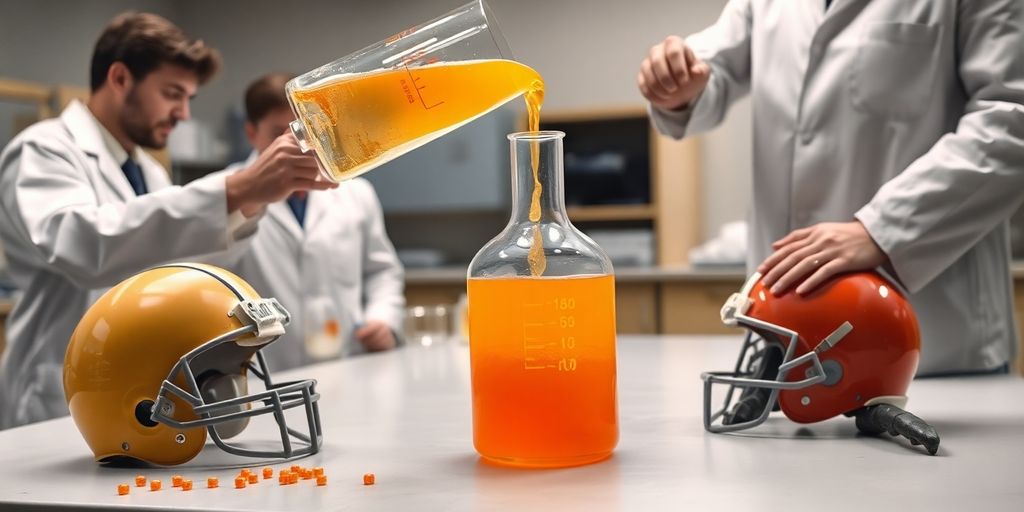 Scientist pouring orange electrolyte solution in lab with football equipment