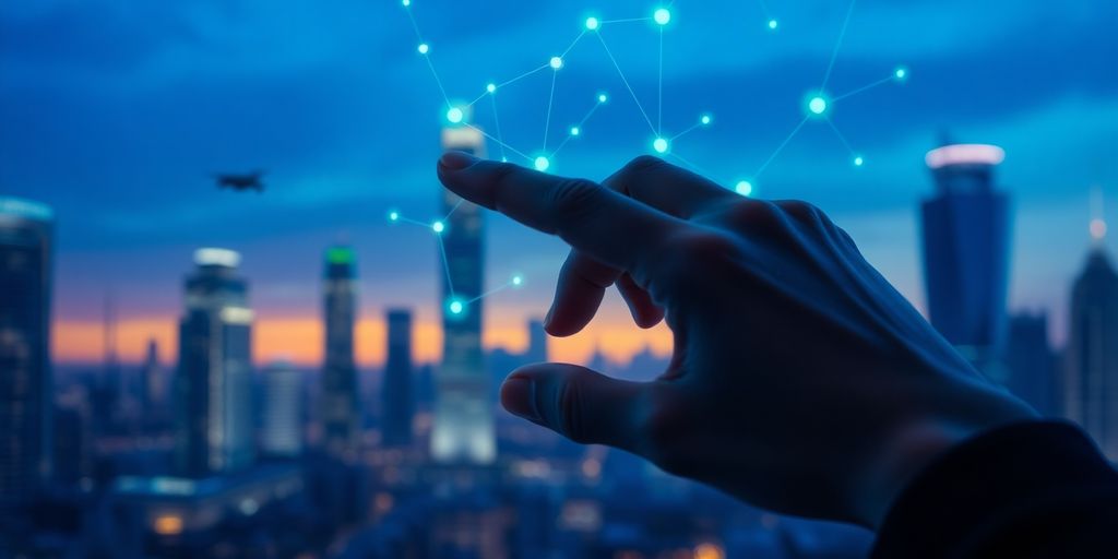 Futuristic cityscape with glowing circuits.