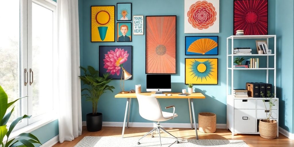 Bright home office with colorful artwork brightening the wall.
