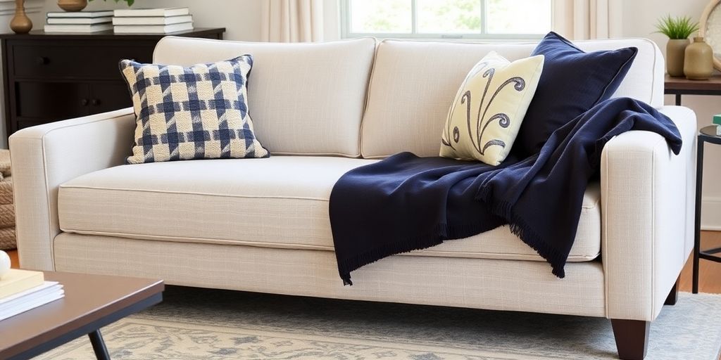 Stylish Crate and Barrel sleeper sofa in a cozy setting.