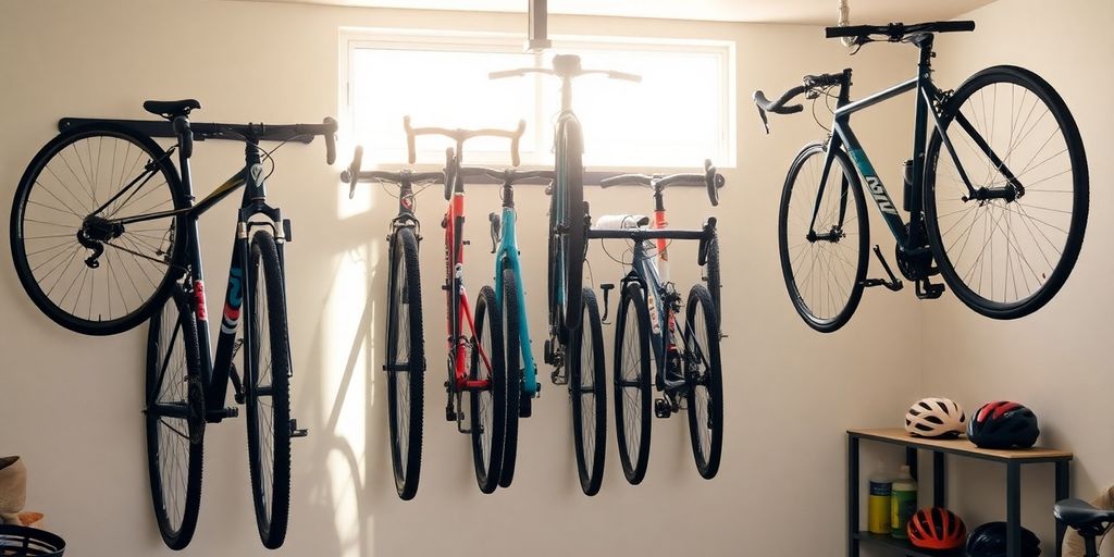 Bikes neatly stored on racks
