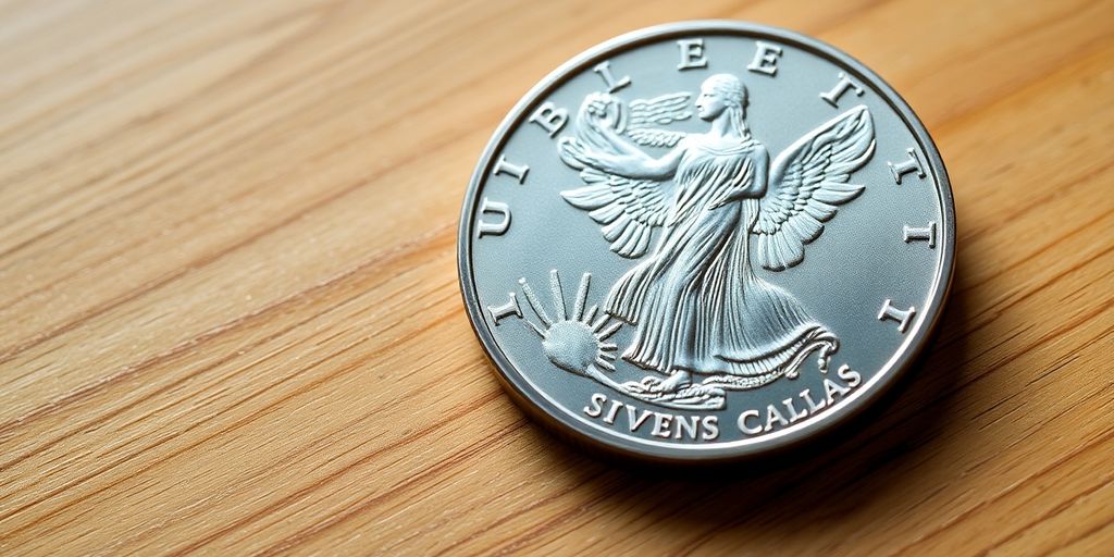 Close-up of a Silver Eagle coin on a wooden table.