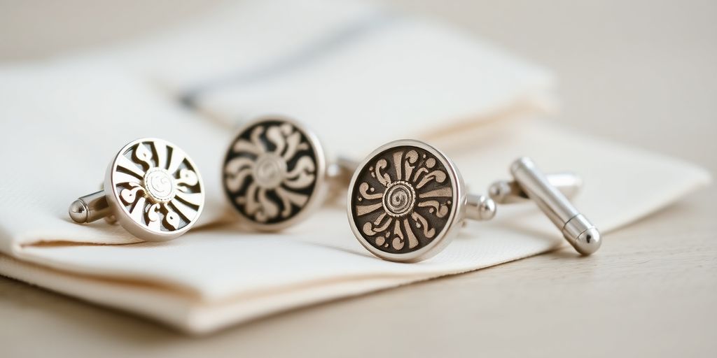 Elegant unique cufflinks set displayed on a soft background.
