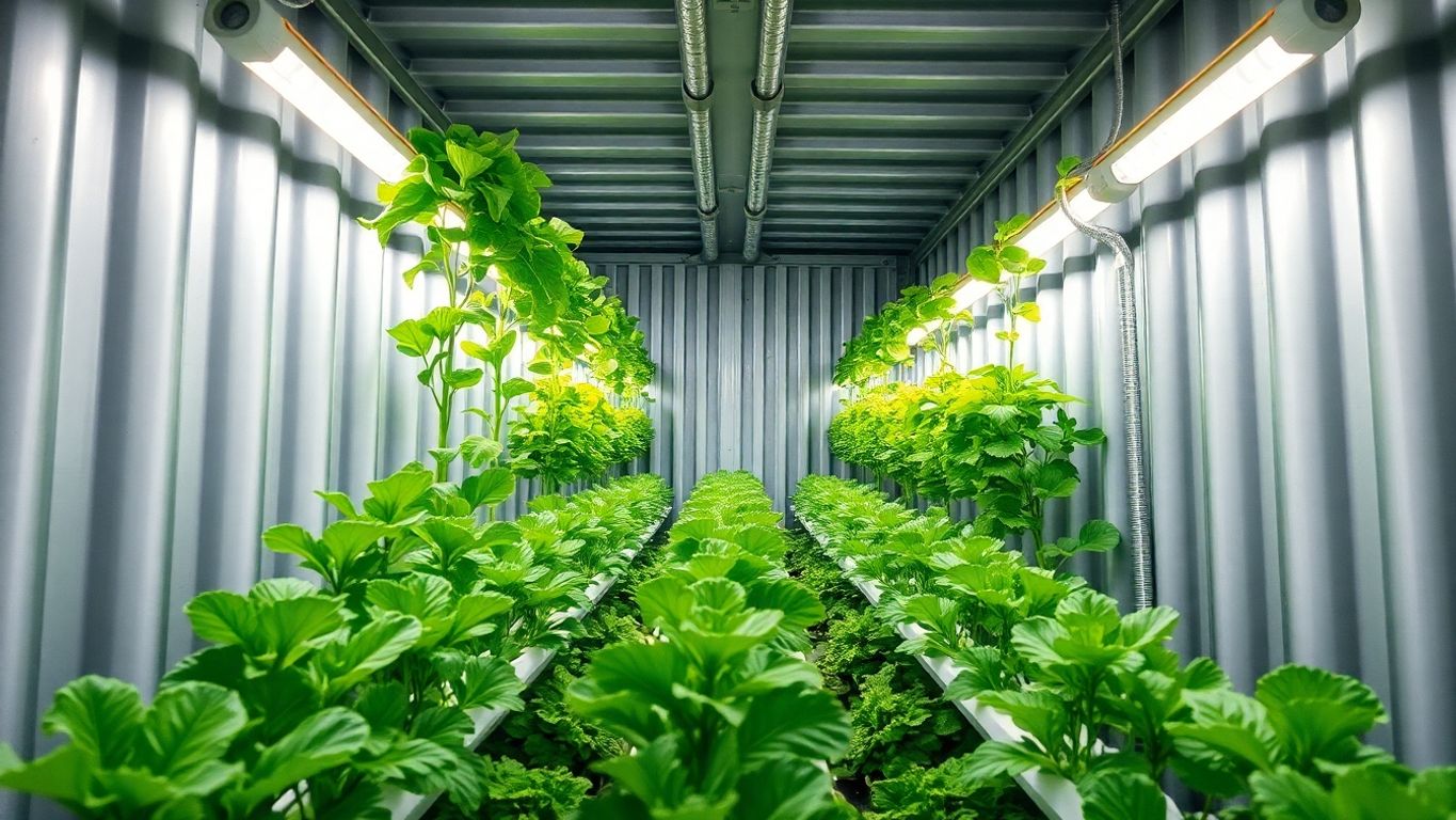 Hydroponic farm inside shipping container, vibrant plants.