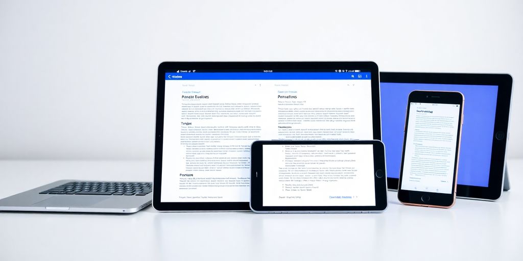 Laptop, tablet, and phone displaying various documents.