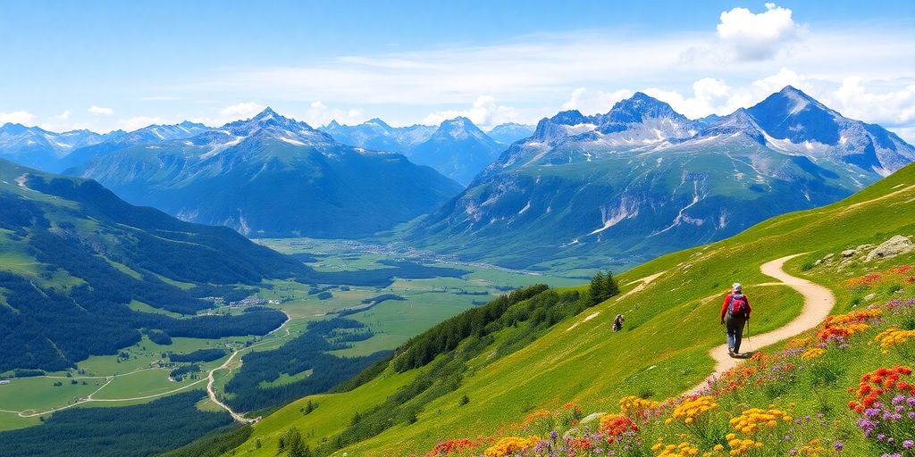 Wanderer in den Südtiroler Alpen auf einem Wanderweg.