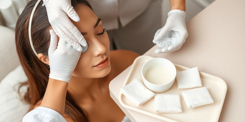 Technician wearing gloves gently cleans woman’s face with cotton pad