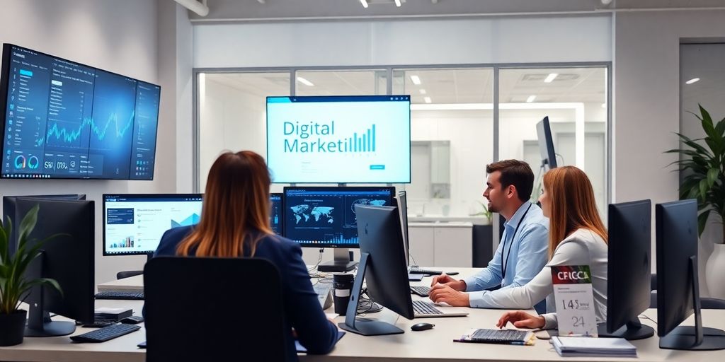 Profissionais de marketing digital em ambiente moderno.