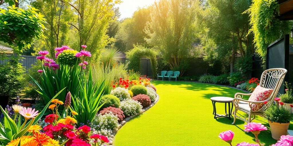 Vibrant garden with colorful flowers and outdoor furniture.
